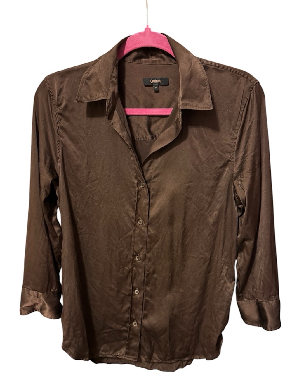 Quince 100% Washable Silk Three-Quarter Sleeve Shirt Hot Fudge Brown Size Small - Picture 7 of 10